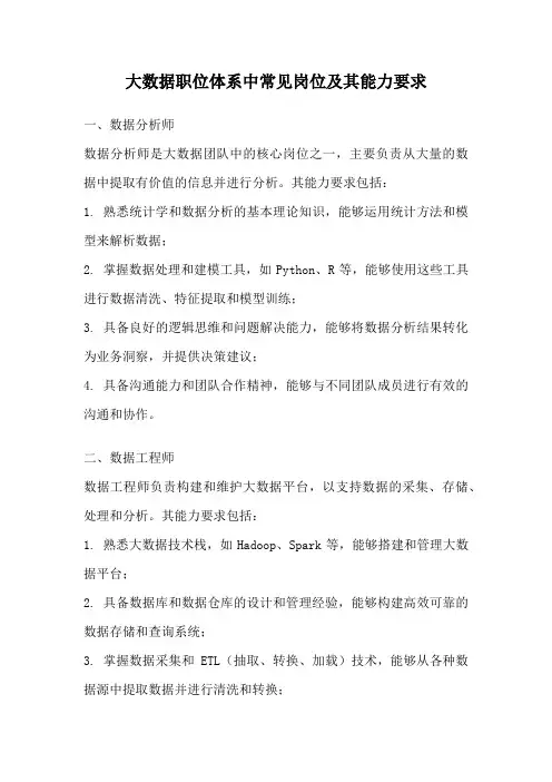 大数据职位体系中常见岗位及其能力要求