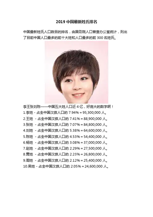 2019中国最新姓氏排名