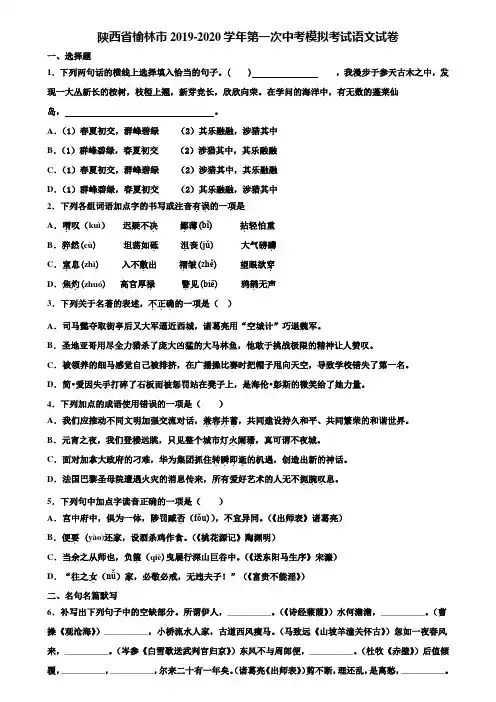 陕西省榆林市2019-2020学年第一次中考模拟考试语文试卷含解析