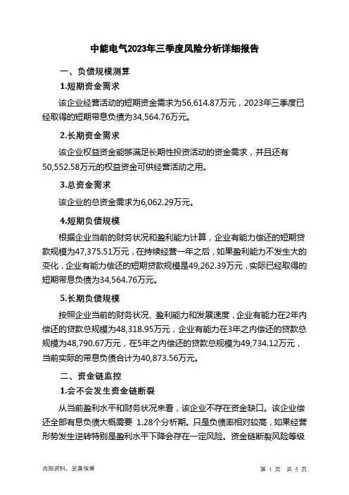 300062中能电气2023年三季度财务风险分析详细报告