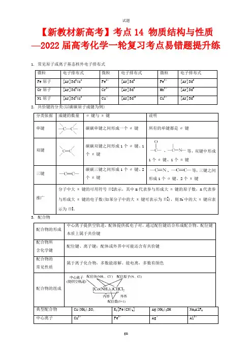 【新教材新高考】考点14 物质结构与性质—2022届高考化学一轮复习考点易错题提升练