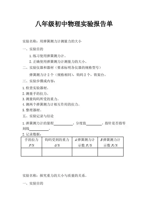 八年级初中物理实验报告单