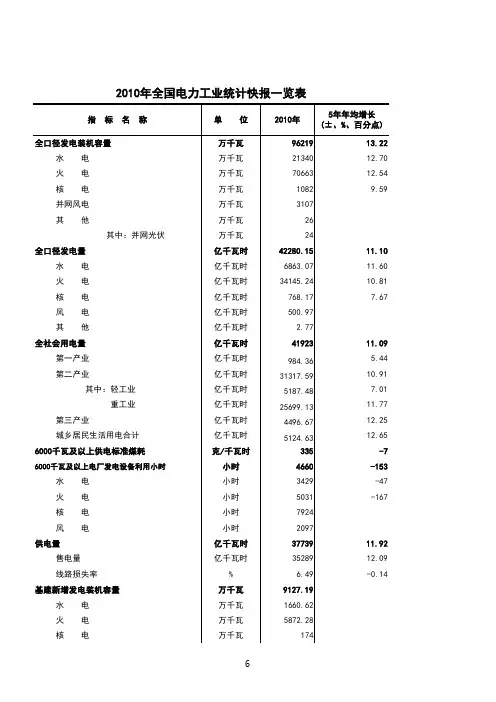 2010年全国电力工作统计快报一览表 