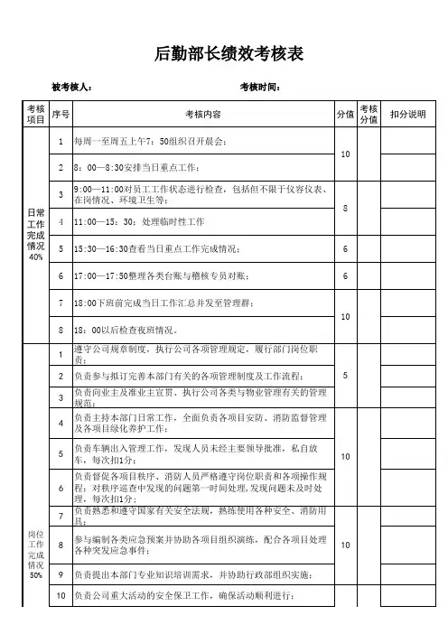 后勤保障部长绩效考核表