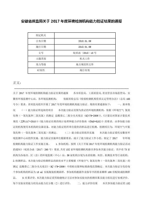 安徽省质监局关于2017年度环境检测机构能力验证结果的通报-皖质函〔2018〕18号