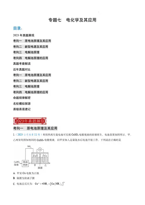 2023年高考化学真题题源解密(新高考专用)：电化学及其应用(原卷版)