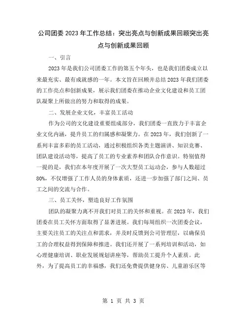 公司团委2023年工作总结：突出亮点与创新成果回顾