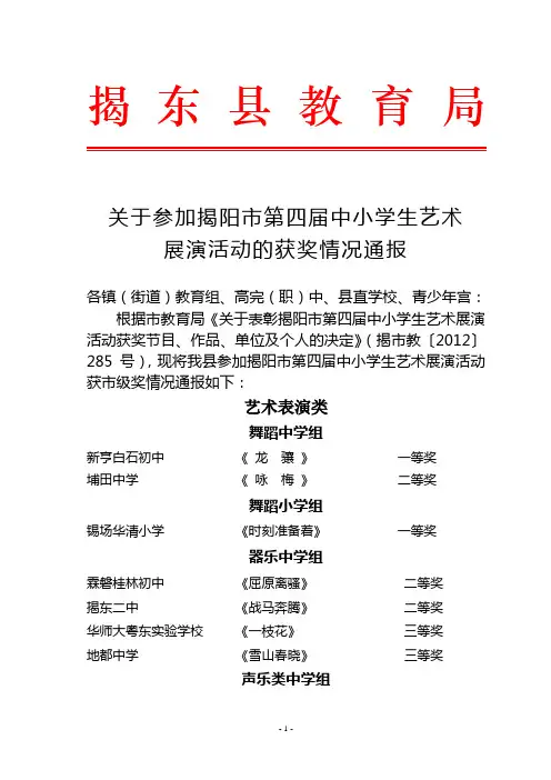 关于参加揭阳市第四届中小学生艺术展演活动的获奖情况通报1209