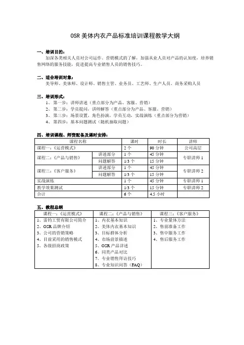 OSR美体内衣产品标准培训课程教学大纲(1)