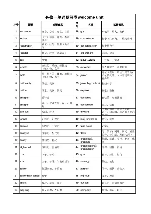 人教版高中英语必修一单词背记和默写检查表