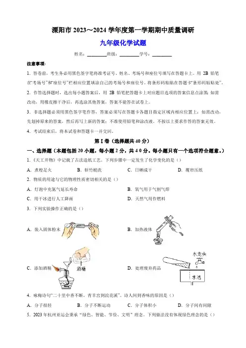 江苏省常州市溧阳市2023-2024学年九年级上学期期中化学试题(含解析)