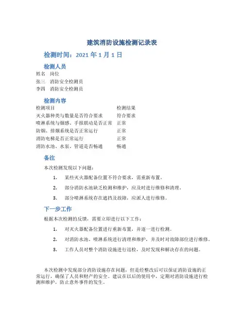 建筑消防设施检测记录表