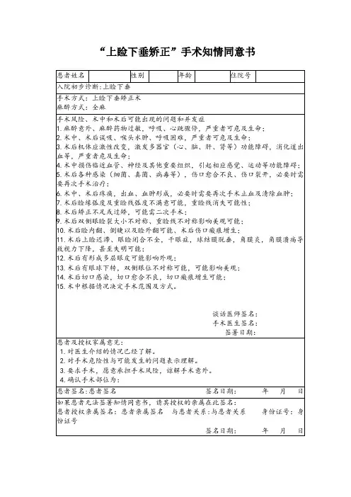 “上睑下垂矫正”手术知情同意书 