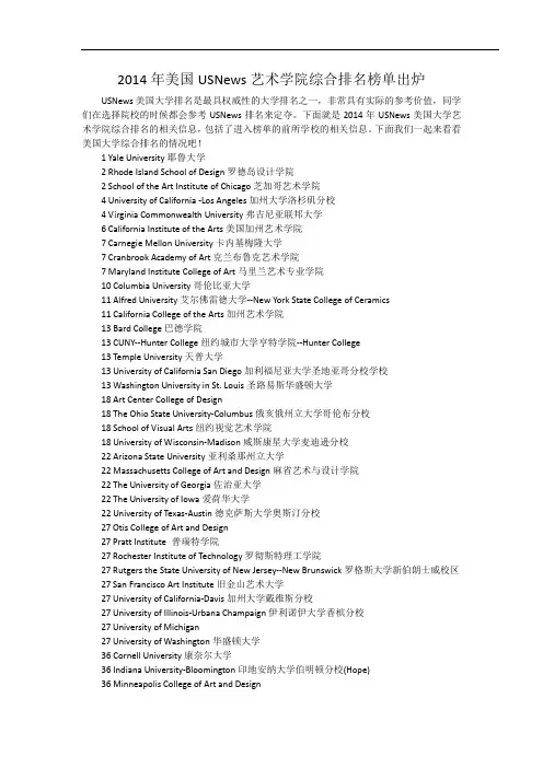 2014年美国USNews艺术学院综合排名榜单出炉