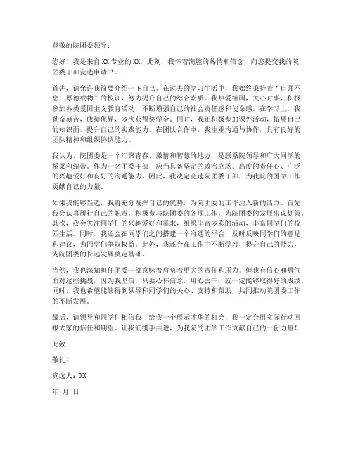 院团委干部竞选申请书模板