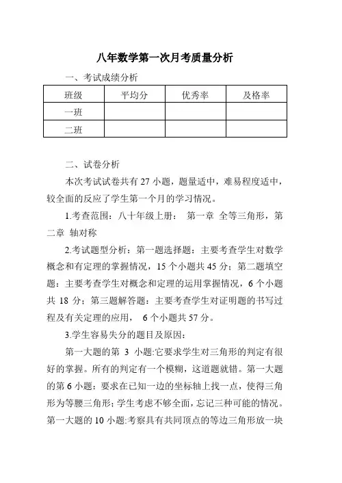 八年级数学第一次月考质量分析