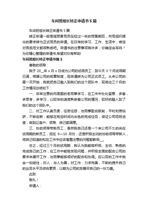 车间班组长转正申请书5篇
