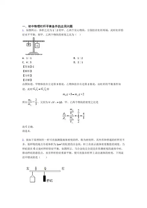 中考物理综合题专题复习【杠杆平衡条件的应用问题】专题解析及答案解析