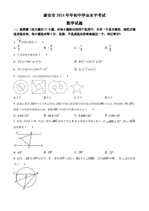 2024年山东省泰安市中考数学真题试卷(含答案)