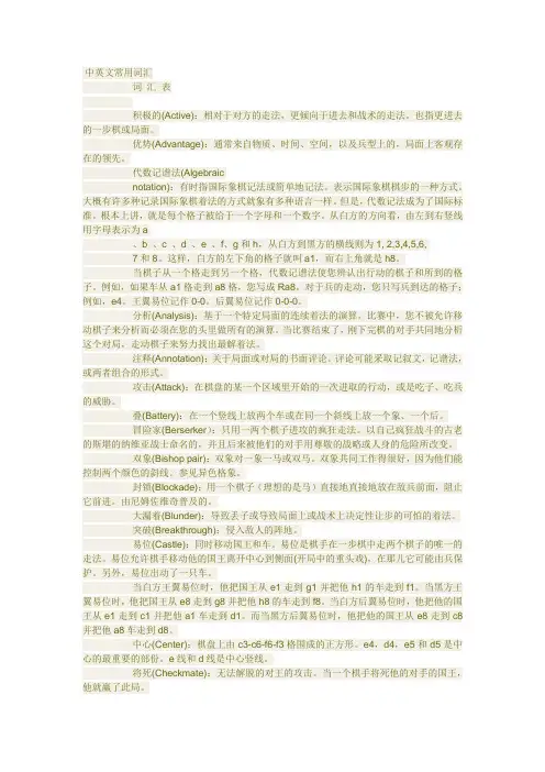 国际象棋中英文常用词汇