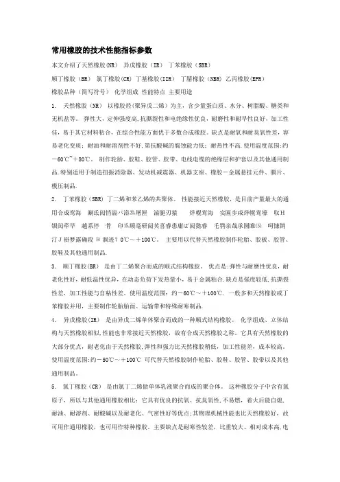 常用橡胶的技术性能指标参数