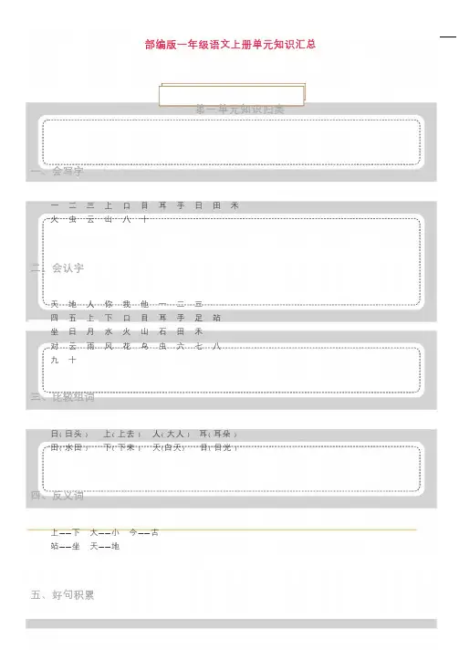 一年级语文上册单元知识总汇(拼音+生字+词语搭配+好句积累)