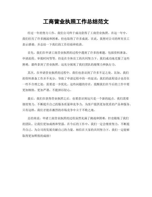 工商营业执照工作总结范文