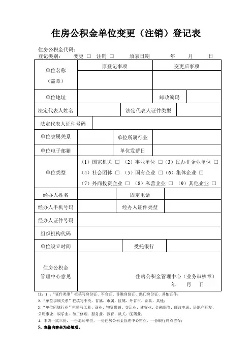 住房公积金单位变更(注销)登记表