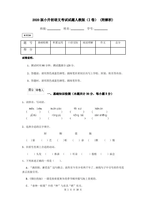 2020版小升初语文考试试题人教版(I卷) (附解析)