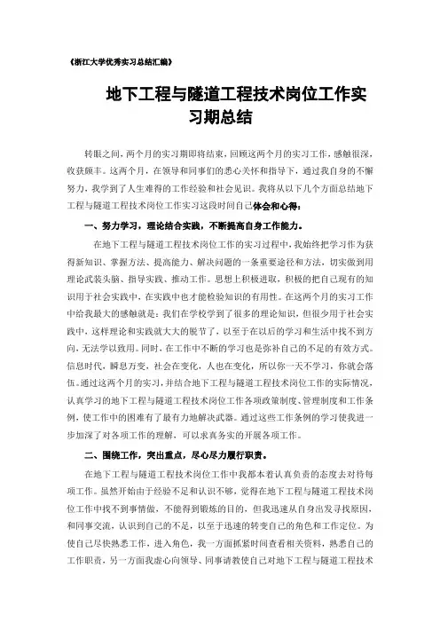 地下工程与隧道工程技术专业实习总结范文