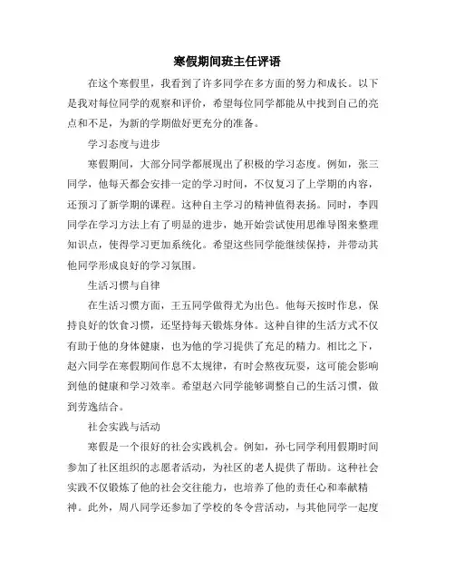 寒假期间班主任评语