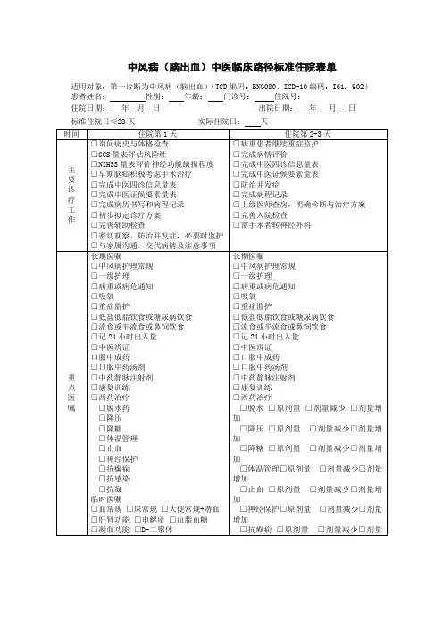 中风病(脑出血)中医临床路径标准住院表单
