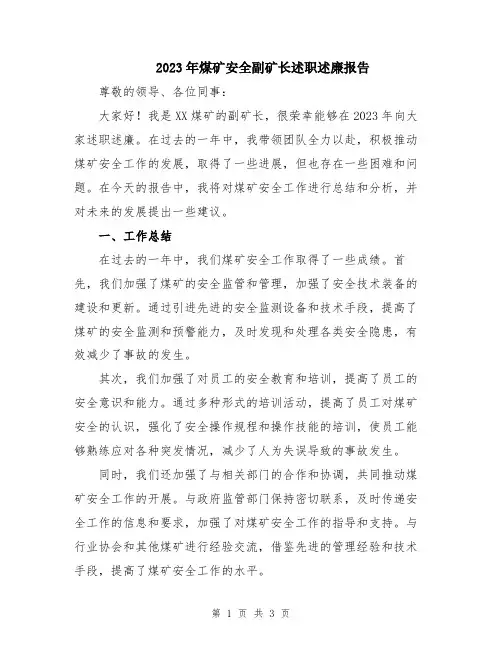2023年煤矿安全副矿长述职述廉报告