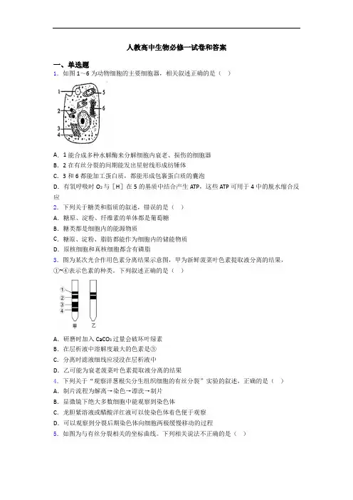 人教高中生物必修一试卷和答案
