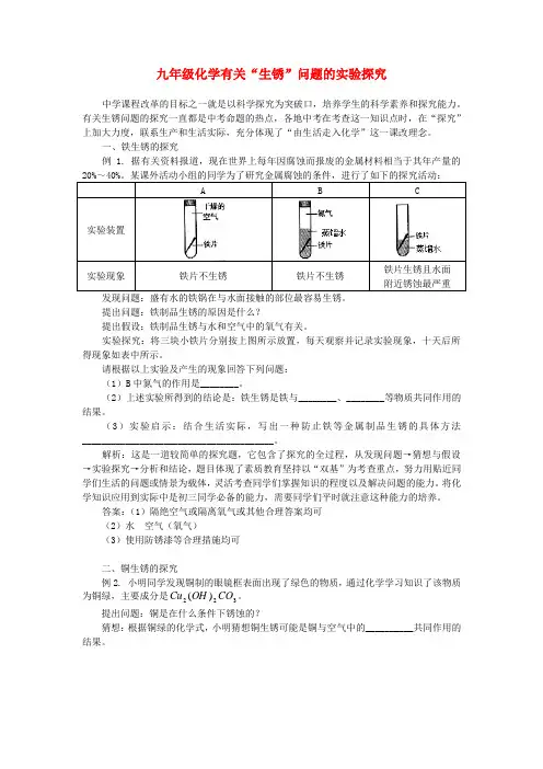 九年级化学有关“生锈”问题的实验探究知识精讲