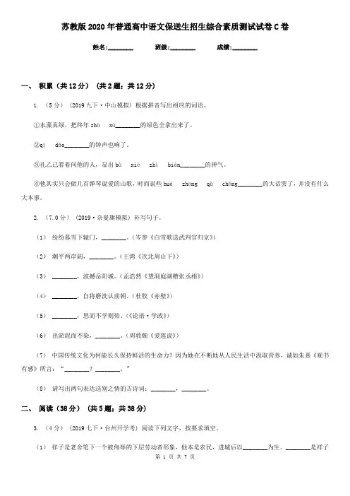 苏教版2020年普通高中语文保送生招生综合素质测试试卷C卷
