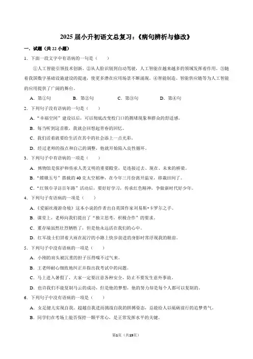 2025届小升初语文总复习：《病句辨析与修改》附答案解析
