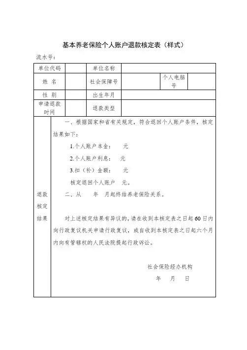 基本养老保险个人账户退款核定表(样式)