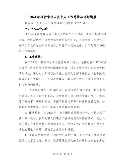2024年银行审计人员个人工作总结与计划模版(2篇)