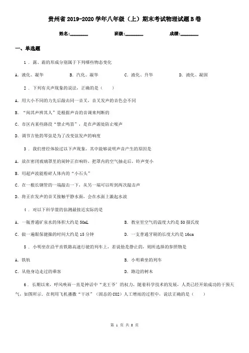 贵州省2019-2020学年八年级(上)期末考试物理试题B卷