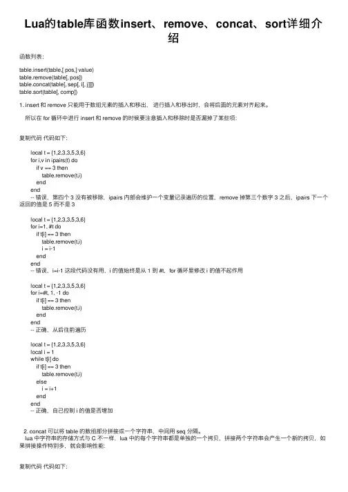 Lua的table库函数insert、remove、concat、sort详细介绍