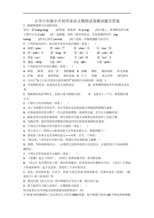 小学六年级小升初毕业语文模拟试卷测试题含答案
