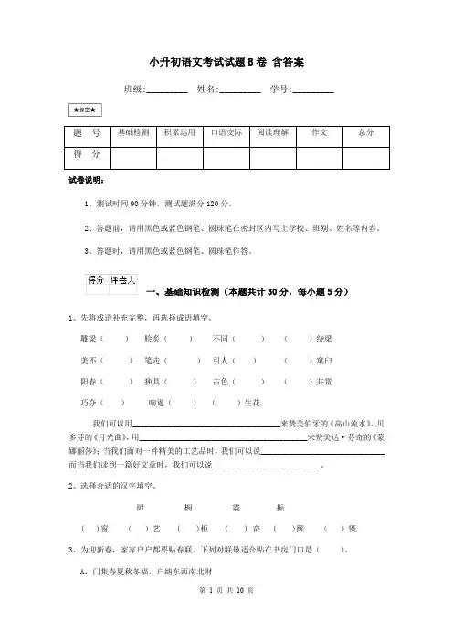 小升初语文考试试题B卷 含答案