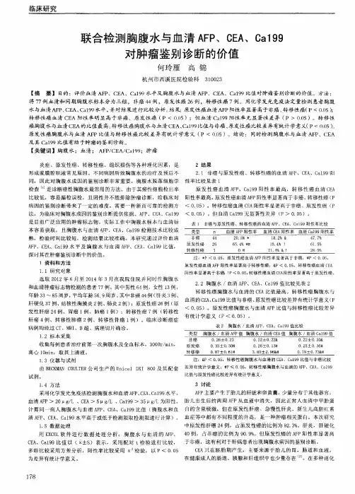 联合检测胸腹水与血清AFP、CEA、Ca199对肿瘤鉴别诊断的价值