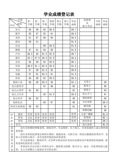 学业成绩登记表填写样板