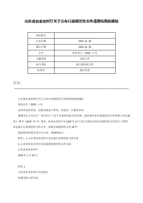 山东省农业农村厅关于公布行政规范性文件清理结果的通知-鲁农法字〔2020〕1号