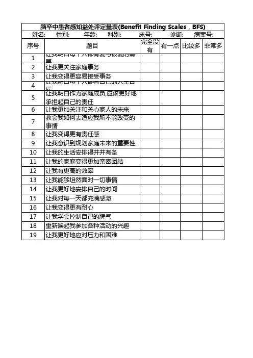 脑卒中患者感知益处评定量表(Benefit Finding Scales,BFS)