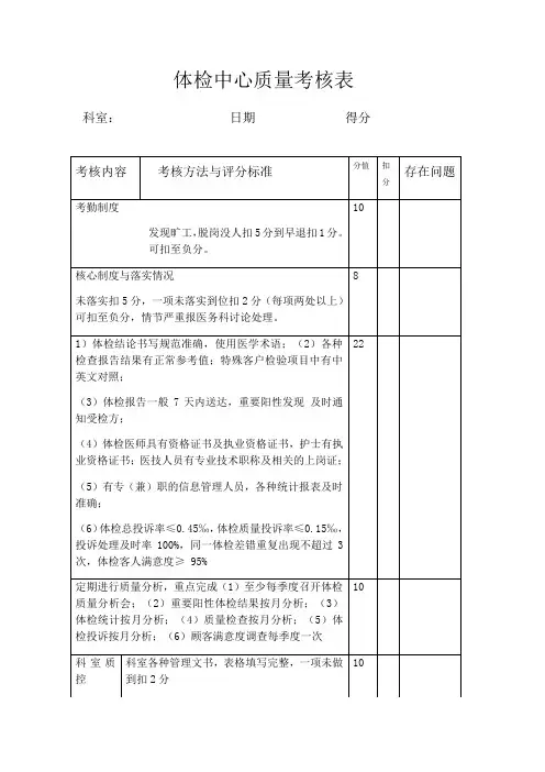 体检中心质量考核表