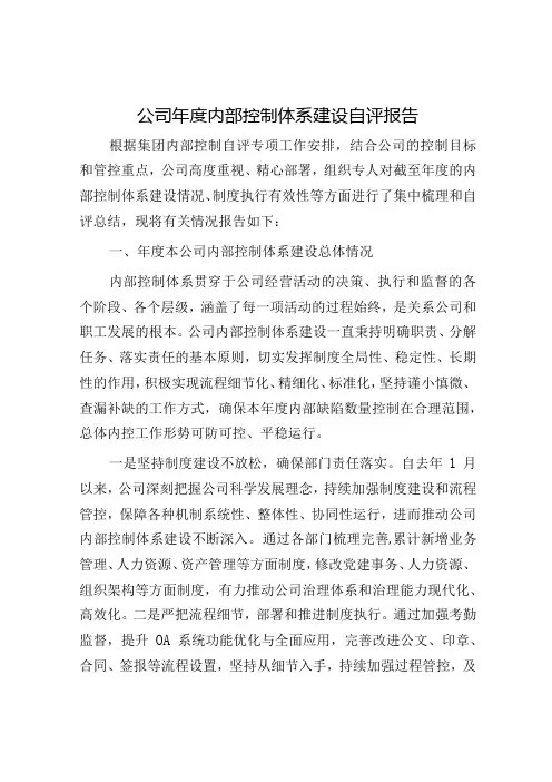 公司内部控制体系建设自评报告
