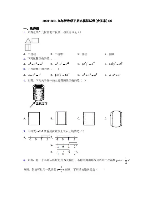 2020-2021九年级数学下期末模拟试卷(含答案)(2)